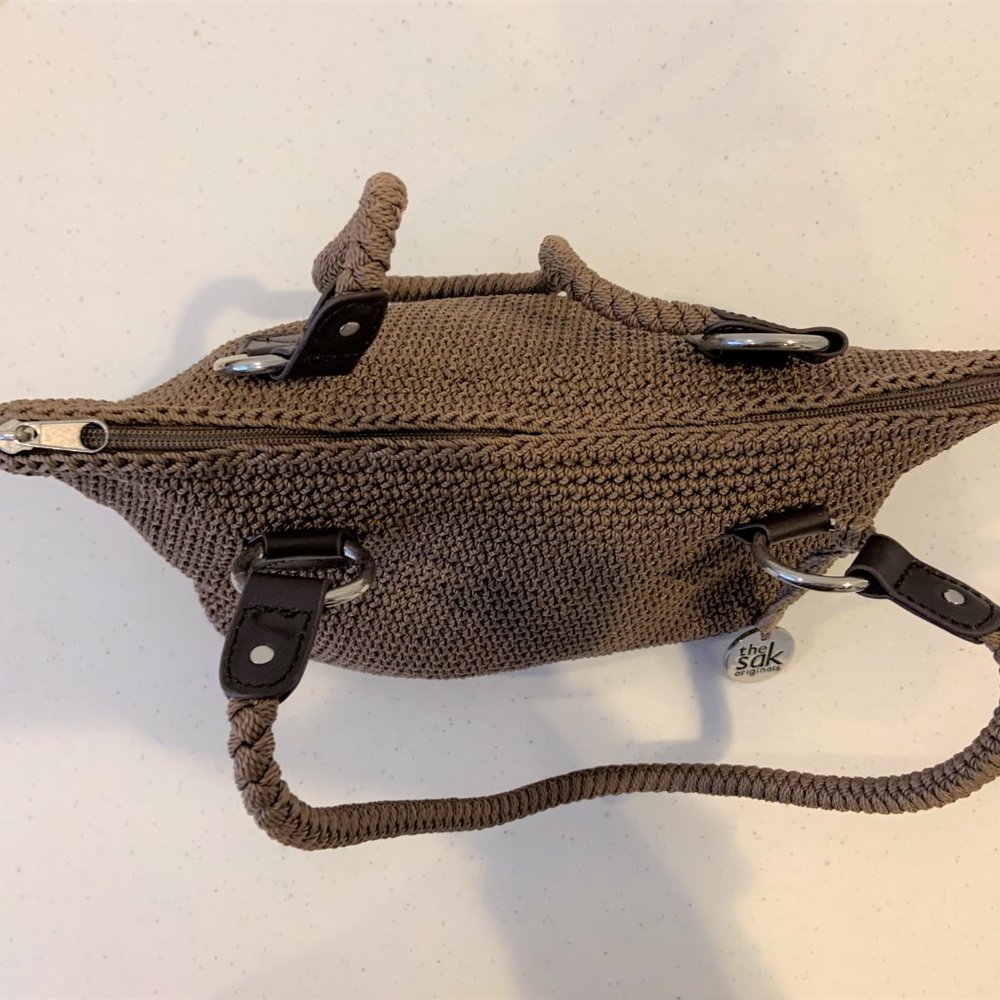Saks Taupe Brown Crochet Shoulder Bag Tote - Picture 10 of 14